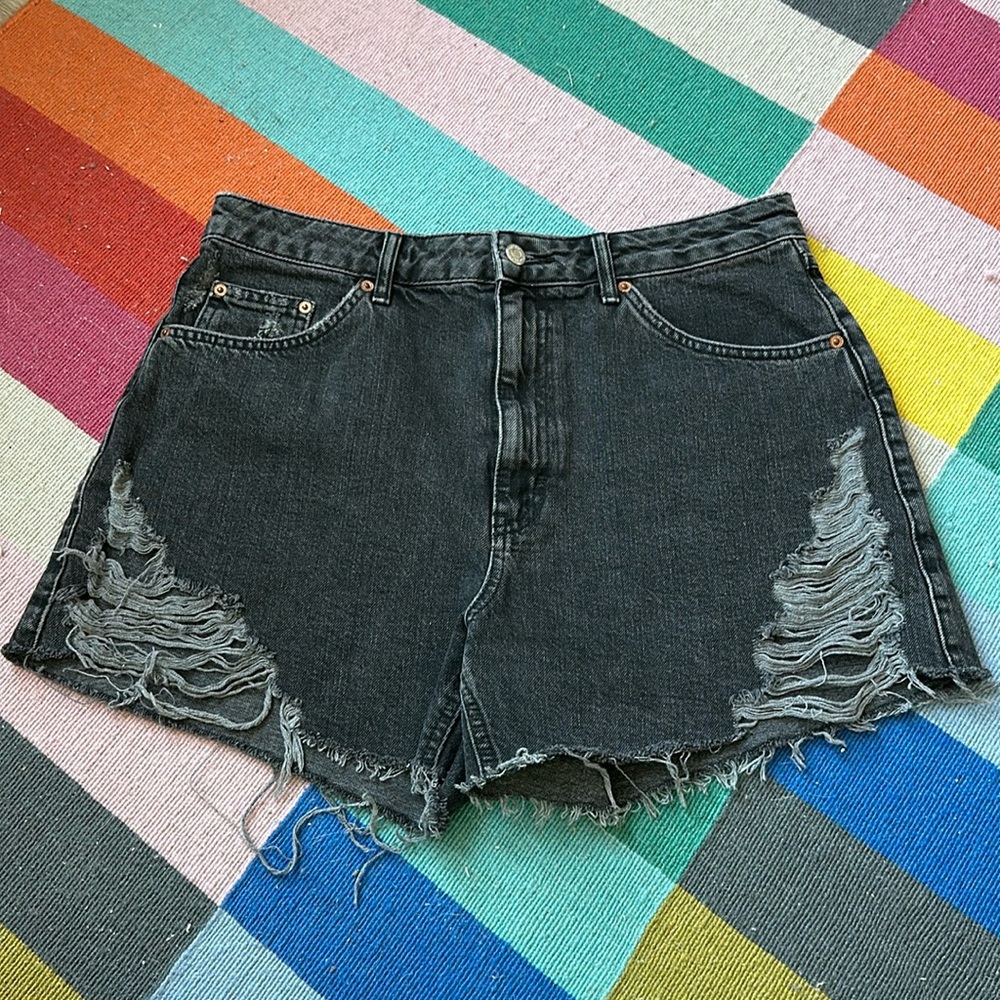 Topshop Black Denim High Rise Cutoff Super Rip Shorts (A-Line)